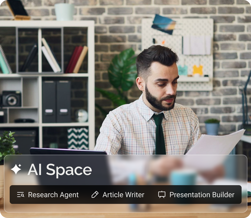 Professional reviewing work with AI Space tools for research, writing, and presentations